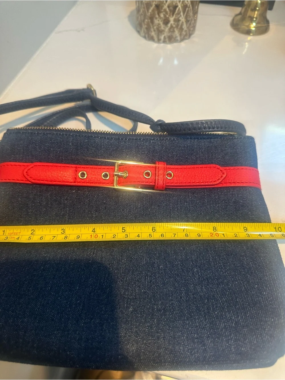 Talbots denim Crossbody Bag with Red Belt Accent